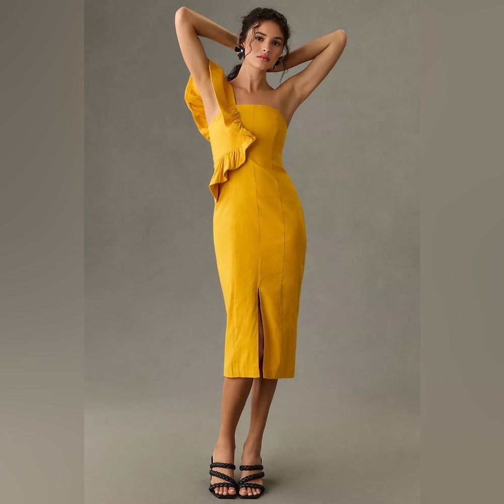 🔆 Anthropologie Ruffle One-Shoulder Slim Dress, Size Medium